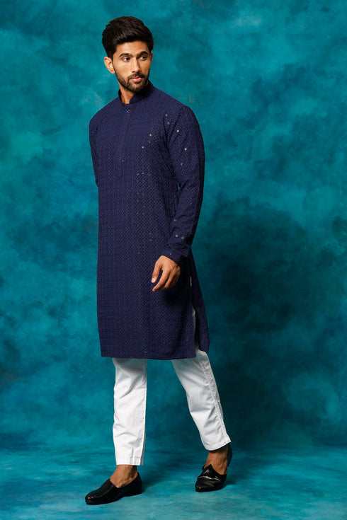VM By VASTRAMAY Men's Navy Blue Rayon Schiffli Kurta And Pant Set