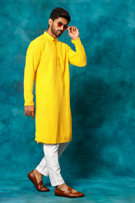 VM By VASTRAMAY Men's Yellow Rayon Schiffli Kurta And Pant Set