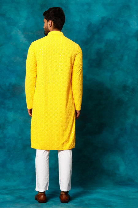 VM By VASTRAMAY Men's Yellow Rayon Schiffli Kurta And Pant Set