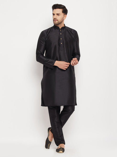 Vastramay Men's Black Silk Blend Kurta and Black Pant Style Pyjama Set