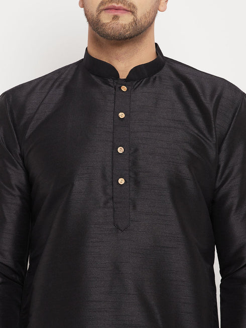 Vastramay Men's Black Silk Blend Kurta and Black Pant Style Pyjama Set