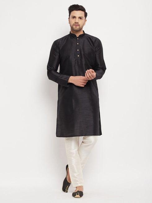 Vastramay Men's Black Silk Blend Kurta and Cream Pant Style Pyjama Set