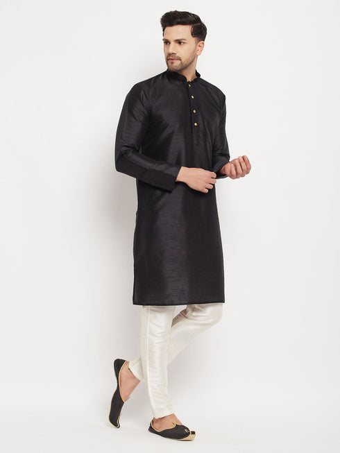 Vastramay Men's Black Silk Blend Kurta and Cream Pant Style Pyjama Set