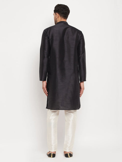Vastramay Men's Black Silk Blend Kurta and Cream Pant Style Pyjama Set