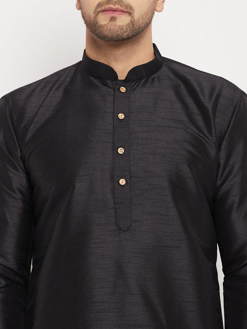 Vastramay Men's Black Silk Blend Kurta and Cream Pant Style Pyjama Set