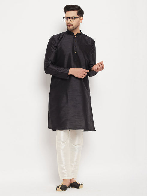 Vastramay Men's Black Silk Blend Kurta and Cream Pant Style Pyjama Set