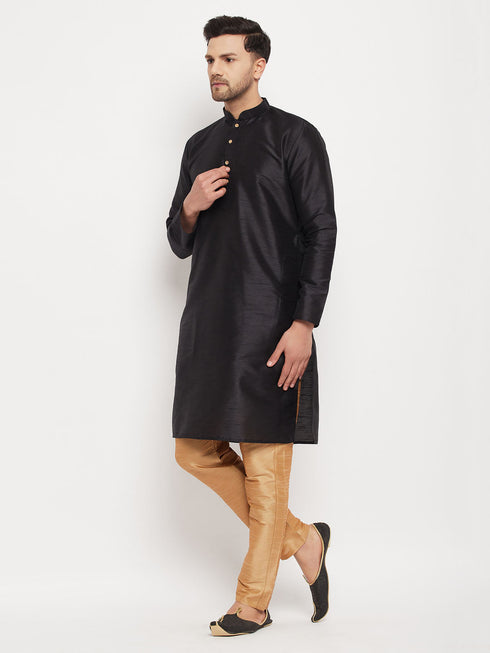 Vastramay Men's Black Silk Blend Kurta and Rose Gold Pant Style Pyjama Set