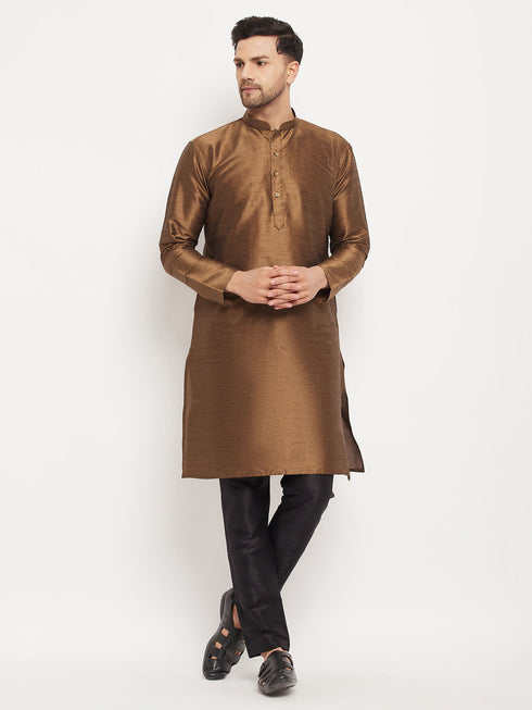 Vastramay Men's Coffee Silk Blend Kurta and Black Pant Style Pyjama Set