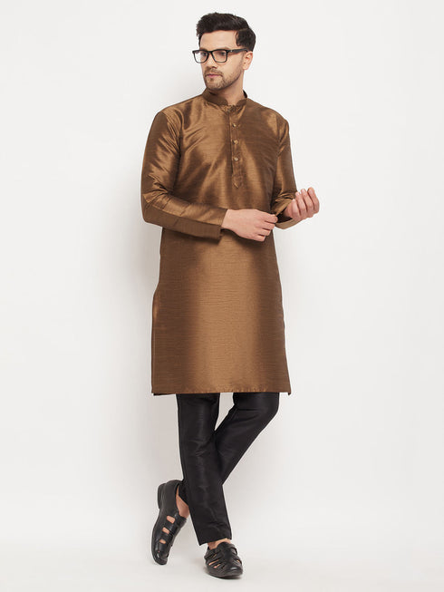 Vastramay Men's Coffee Silk Blend Kurta and Black Pant Style Pyjama Set