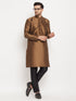 Vastramay Men's Coffee Silk Blend Kurta and Black Pant Style Pyjama Set
