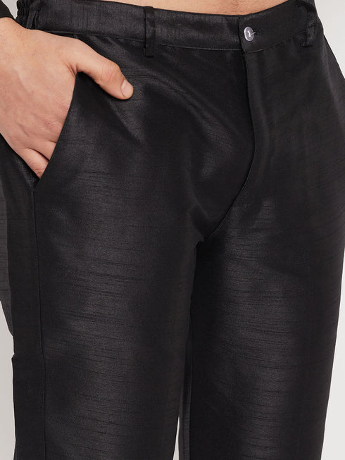 Vastramay Men's Coffee Silk Blend Kurta and Black Pant Style Pyjama Set