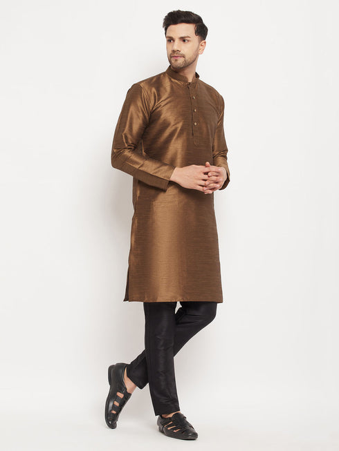 Vastramay Men's Coffee Silk Blend Kurta and Black Pant Style Pyjama Set