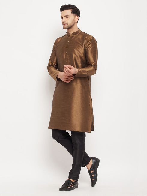 Vastramay Men's Coffee Silk Blend Kurta and Black Pant Style Pyjama Set
