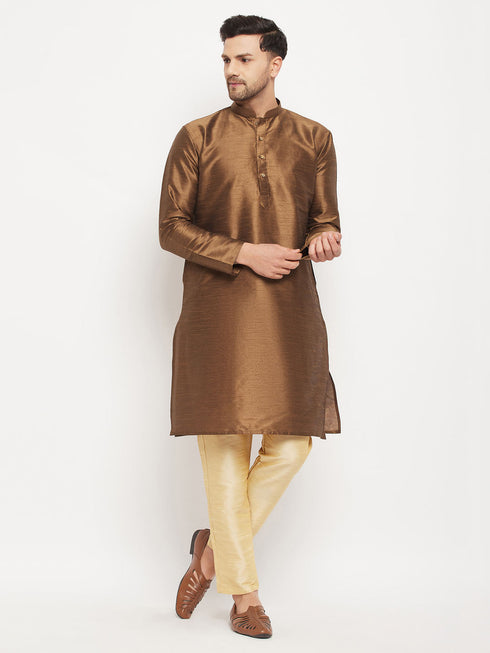 Vastramay Men's Coffee Silk Blend Kurta and Gold Pant Style Pyjama Set