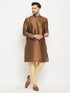 Vastramay Men's Coffee Silk Blend Kurta and Gold Pant Style Pyjama Set