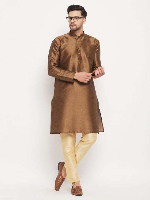 Vastramay Men's Coffee Silk Blend Kurta and Gold Pant Style Pyjama Set
