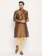 Vastramay Men's Coffee Silk Blend Kurta and Gold Pant Style Pyjama Set