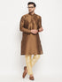 Vastramay Men's Coffee Silk Blend Kurta and Gold Pant Style Pyjama Set