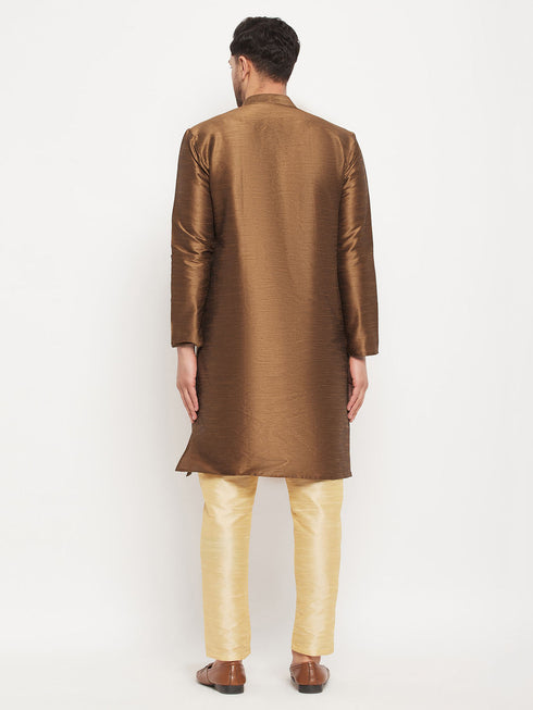 Vastramay Men's Coffee Silk Blend Kurta and Gold Pant Style Pyjama Set
