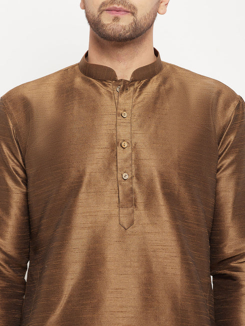 Vastramay Men's Coffee Silk Blend Kurta and Gold Pant Style Pyjama Set