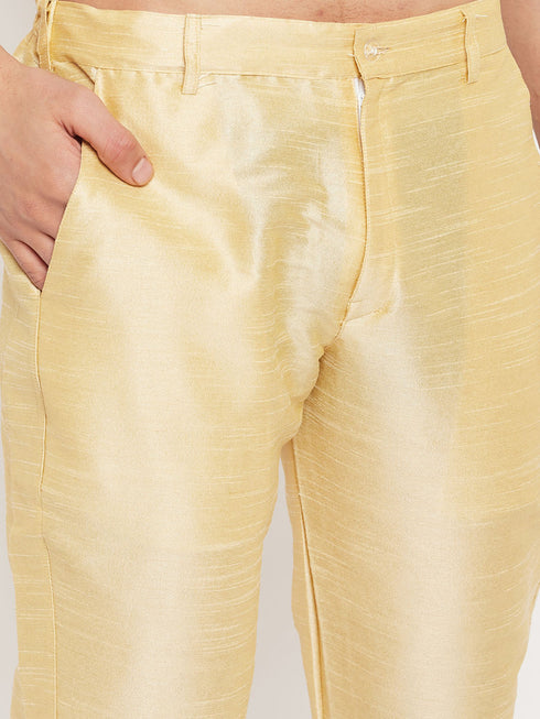 Vastramay Men's Coffee Silk Blend Kurta and Gold Pant Style Pyjama Set