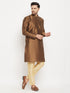 Vastramay Men's Coffee Silk Blend Kurta and Gold Pant Style Pyjama Set