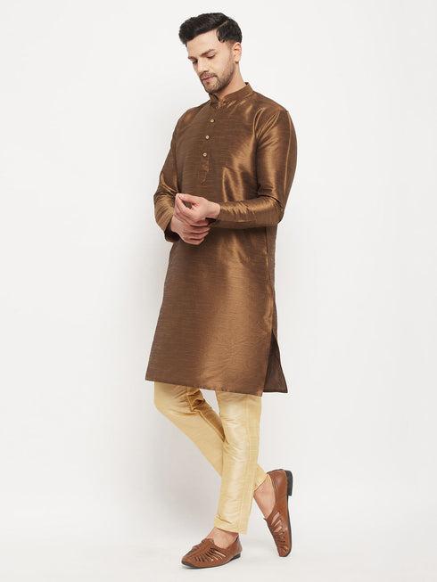 Vastramay Men's Coffee Silk Blend Kurta and Gold Pant Style Pyjama Set