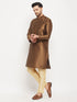 Vastramay Men's Coffee Silk Blend Kurta and Gold Pant Style Pyjama Set