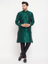 Vastramay Men's Green Cotton Silk Blend Kurta and Black Pant Style Pyjama Set