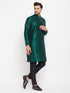 Vastramay Men's Green Cotton Silk Blend Kurta and Black Pant Style Pyjama Set