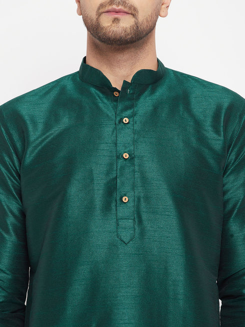 Vastramay Men's Green Cotton Silk Blend Kurta and Black Pant Style Pyjama Set