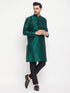 Vastramay Men's Green Cotton Silk Blend Kurta and Black Pant Style Pyjama Set