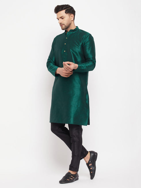 Vastramay Men's Green Cotton Silk Blend Kurta and Black Pant Style Pyjama Set