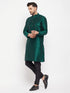 Vastramay Men's Green Cotton Silk Blend Kurta and Black Pant Style Pyjama Set