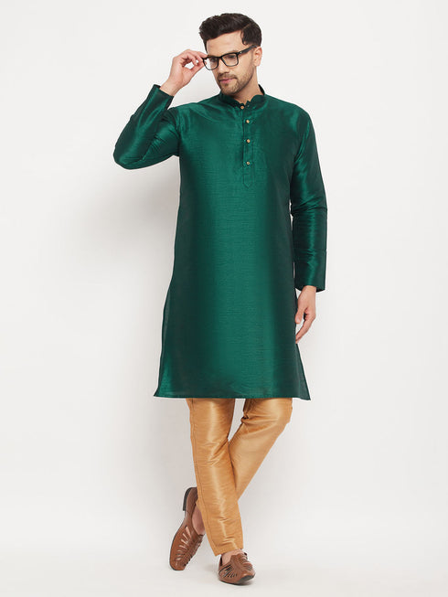 Vastramay Men's Green Cotton Silk Blend Kurta and Rose Gold Pant Style Pyjama Set