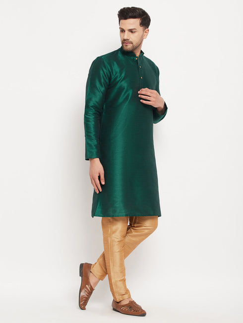 Vastramay Men's Green Cotton Silk Blend Kurta and Rose Gold Pant Style Pyjama Set