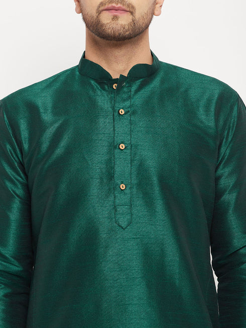 Vastramay Men's Green Cotton Silk Blend Kurta and Rose Gold Pant Style Pyjama Set