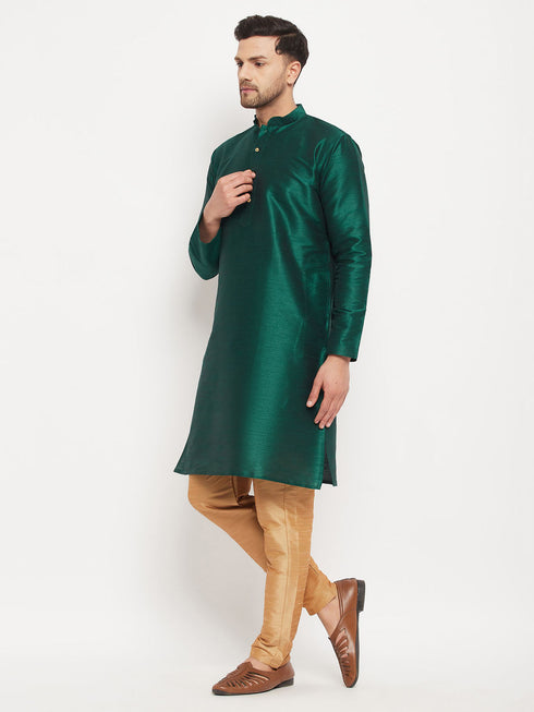 Vastramay Men's Green Cotton Silk Blend Kurta and Rose Gold Pant Style Pyjama Set