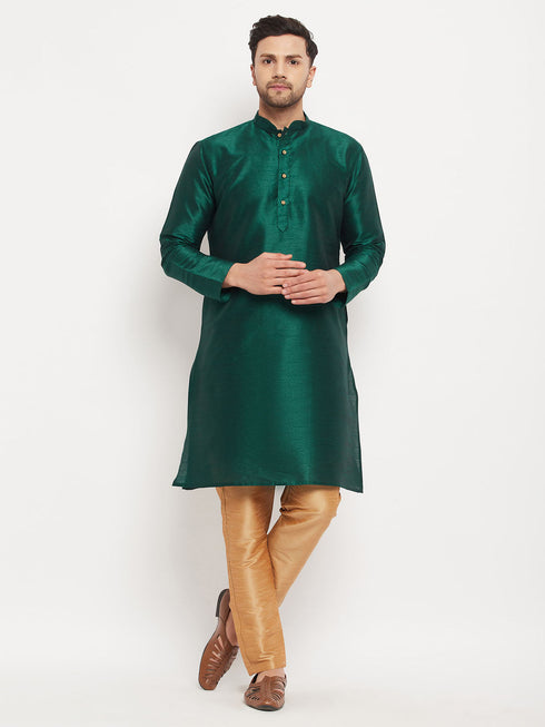 Vastramay Men's Green Cotton Silk Blend Kurta and Rose Gold Pant Style Pyjama Set