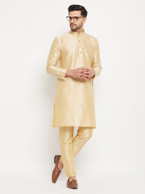 Vastramay Men's Gold Cotton Silk Blend Kurta and Gold Pant Style Pyjama Set