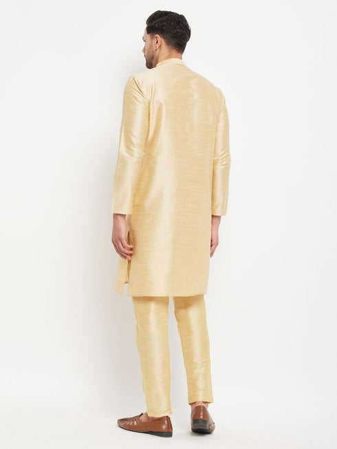 Vastramay Men's Gold Cotton Silk Blend Kurta and Gold Pant Style Pyjama Set