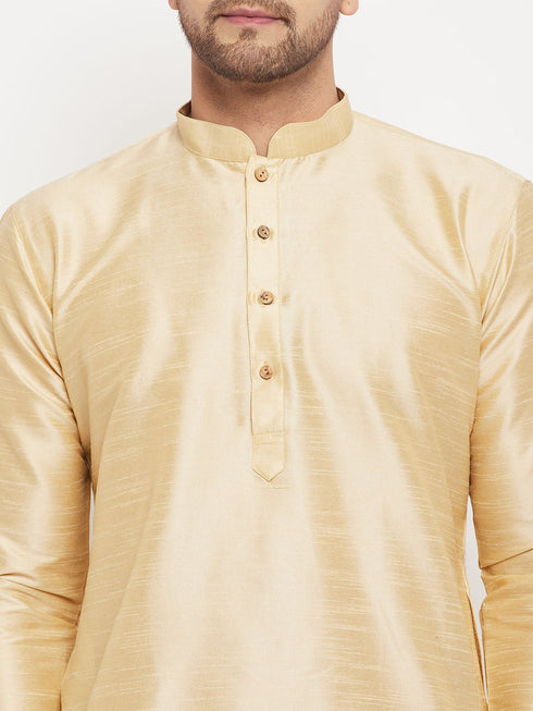 Vastramay Men's Gold Cotton Silk Blend Kurta and Gold Pant Style Pyjama Set
