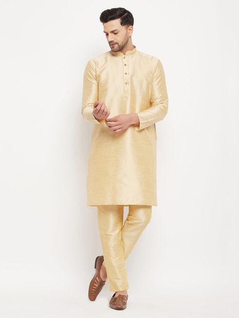 Vastramay Men's Gold Cotton Silk Blend Kurta and Gold Pant Style Pyjama Set
