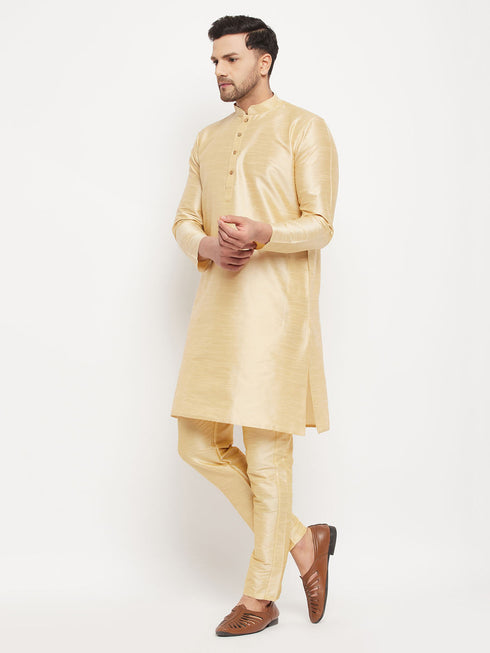 Vastramay Men's Gold Cotton Silk Blend Kurta and Gold Pant Style Pyjama Set