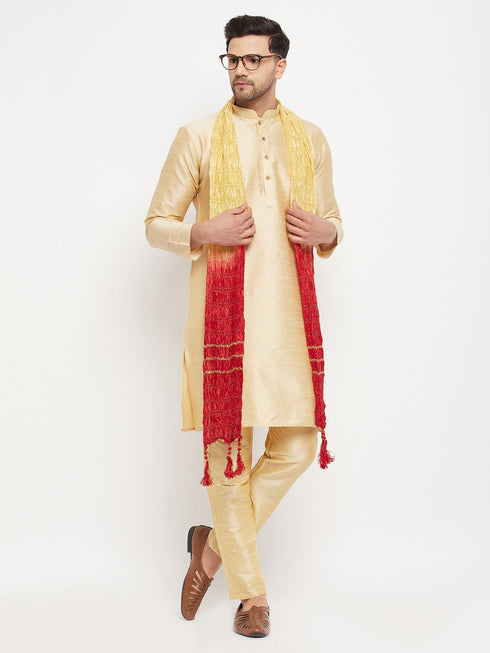 Vastramay Men's Gold Cotton Silk Blend Kurta and Gold Pant Style Pyjama Set With Dupatta