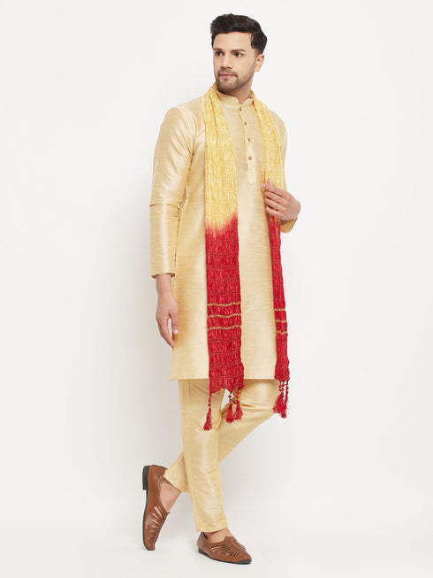 Vastramay Men's Gold Cotton Silk Blend Kurta and Gold Pant Style Pyjama Set With Dupatta