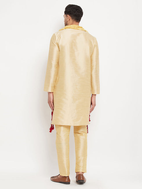 Vastramay Men's Gold Cotton Silk Blend Kurta and Gold Pant Style Pyjama Set With Dupatta