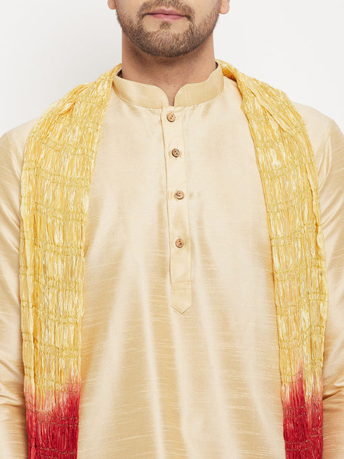 Vastramay Men's Gold Cotton Silk Blend Kurta and Gold Pant Style Pyjama Set With Dupatta