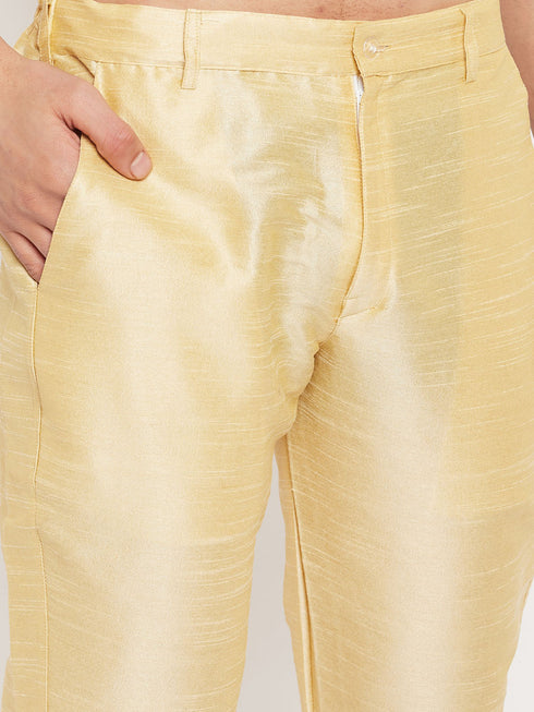 Vastramay Men's Gold Cotton Silk Blend Kurta and Gold Pant Style Pyjama Set With Dupatta