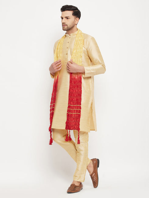 Vastramay Men's Gold Cotton Silk Blend Kurta and Gold Pant Style Pyjama Set With Dupatta